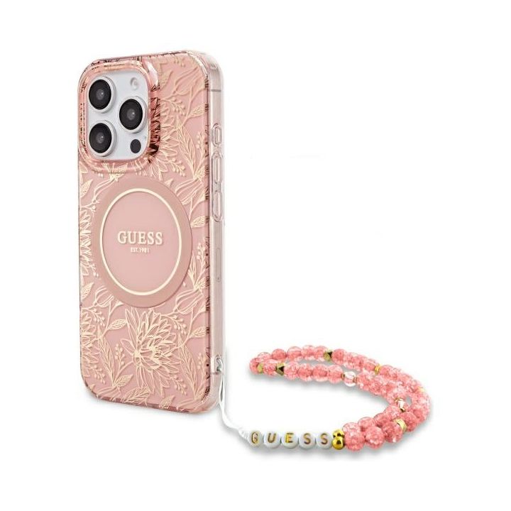 Guess GUHMP16LHCPOFPP iPhone 16 Pro 6.3" różowy/pink hardcase IML Flowers Allover Electro With Pearl Strap MagSafe na NearMe.pl