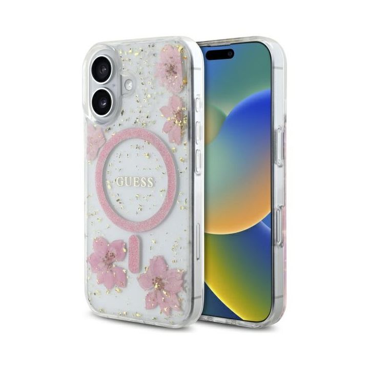 Guess GUHMP16SRBFGFGMP iPhone 16 6.1"    różowy/pink hardcase Resin Flower Glitter MagSafe na NearMe.pl
