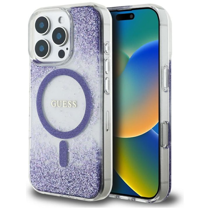 Etui Guess HC Resin Bottom Glitter do    iPhone 16 Pro Max MagSafe fioletowy na NearMe.pl