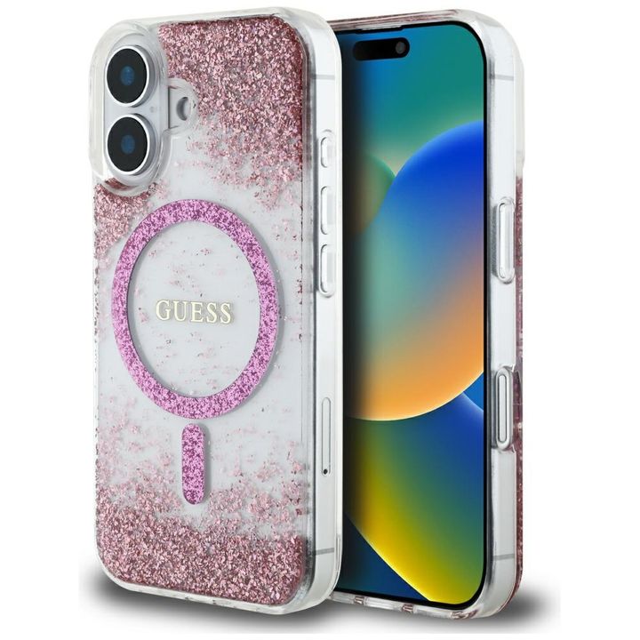 Etui Guess HC Resin Bottom Glitter do    iPhone 16 MagSafe różowy na NearMe.pl