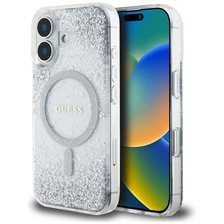 Etui Guess HC Resin Bottom Glitter do    iPhone 16 MagSafe srebrny na NearMe.pl
