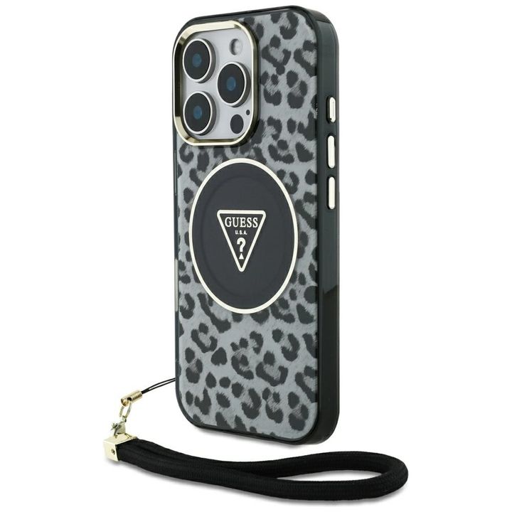 Etui Guess HC IML Leopard Triangle Cord  Strap do iPhone 16 Pro MagSafe czarny na NearMe.pl