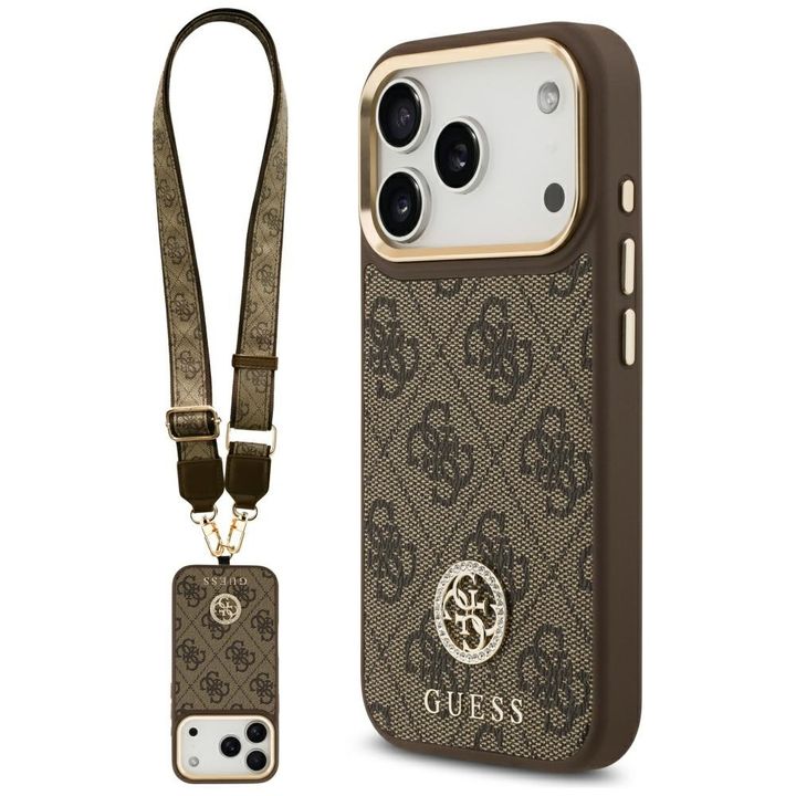 Etui Guess 4G Strass Logo & Big Strap    Metal Buttons MagSafe do iPhone 17 Pro brązowy na NearMe.pl