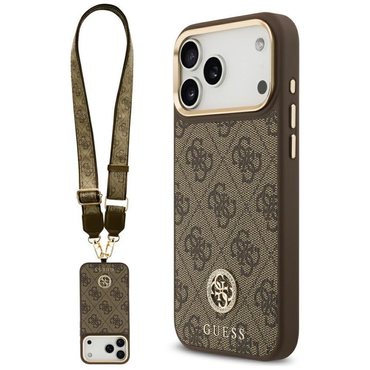 Etui Guess 4G Strass Logo & Big Strap    Metal Buttons MagSafe do iPhone 17 Pro Max brązowy na NearMe.pl