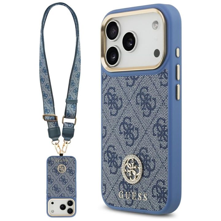 Etui Guess 4G Strass Logo & Big Strap    Metal Buttons MagSafe do iPhone 17 Pro niebieski na NearMe.pl