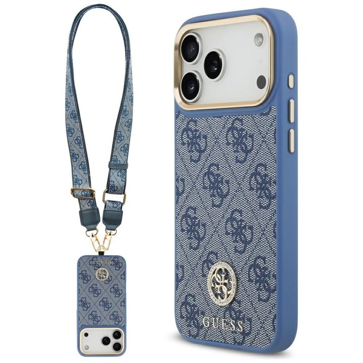 Etui Guess 4G Strass Logo & Big Strap    Metal Buttons MagSafe do iPhone 17 Pro Max niebieski na NearMe.pl