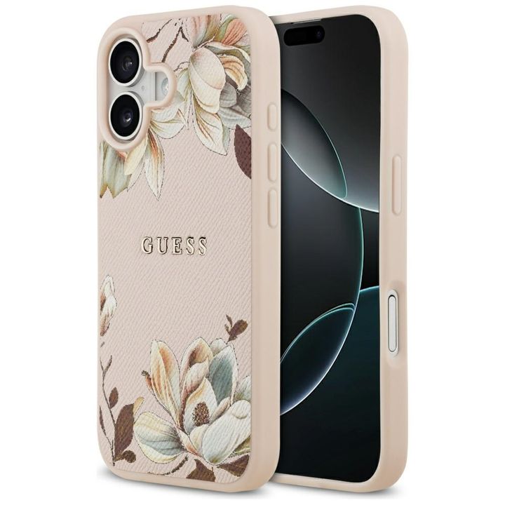 Etui Guess Grained Flowers Classic Logo  MagSafe do iPhone 17 różowy na NearMe.pl