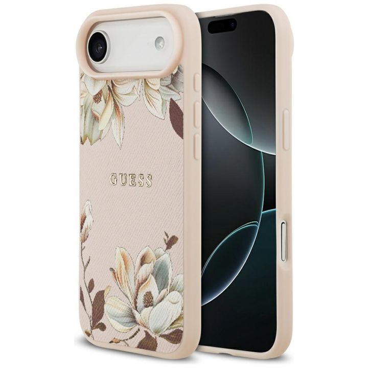 Etui Guess Grained Flowers Classic Logo  MagSafe do iPhone Air różowy na NearMe.pl