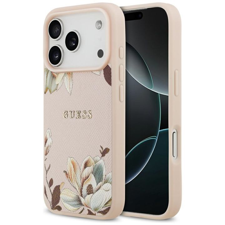 Etui Guess Grained Flowers Classic Logo MagSafe do iPhone 17 Pro Max różowy na NearMe.pl