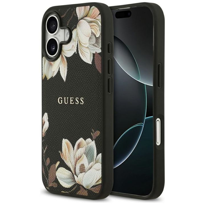 Etui Guess Grained Flowers Classic Logo  MagSafe do iPhone 17 czarny na NearMe.pl