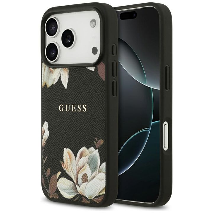 Etui Guess Grained Flowers Classic Logo  MagSafe do iPhone 17 Pro czarny na NearMe.pl