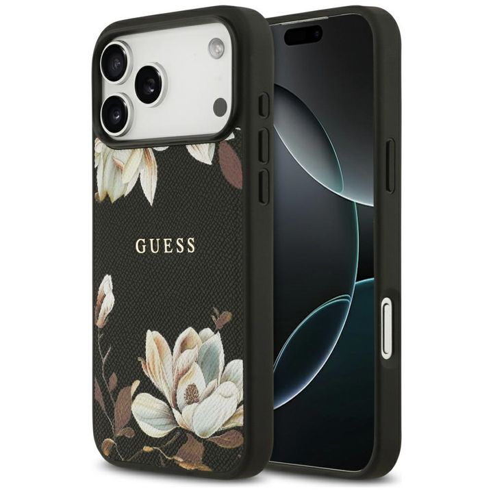 Etui Guess Grained Flowers Classic Logo  MagSafe do iPhone 17 Pro Max czarny na NearMe.pl
