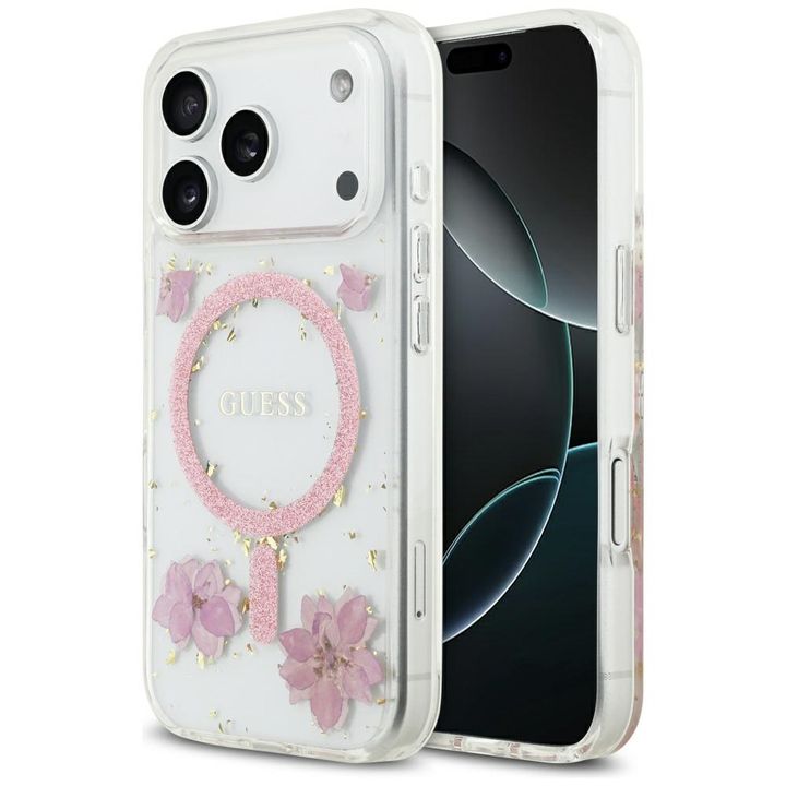 Etui Guess Resin Flowers Glitter MagSafe do iPhone 17 Pro różowy na NearMe.pl