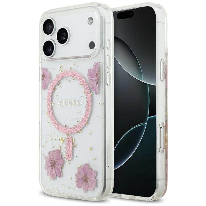 Etui Guess Resin Flowers Glitter MagSafe do iPhone 17 Pro Max różowy na NearMe.pl