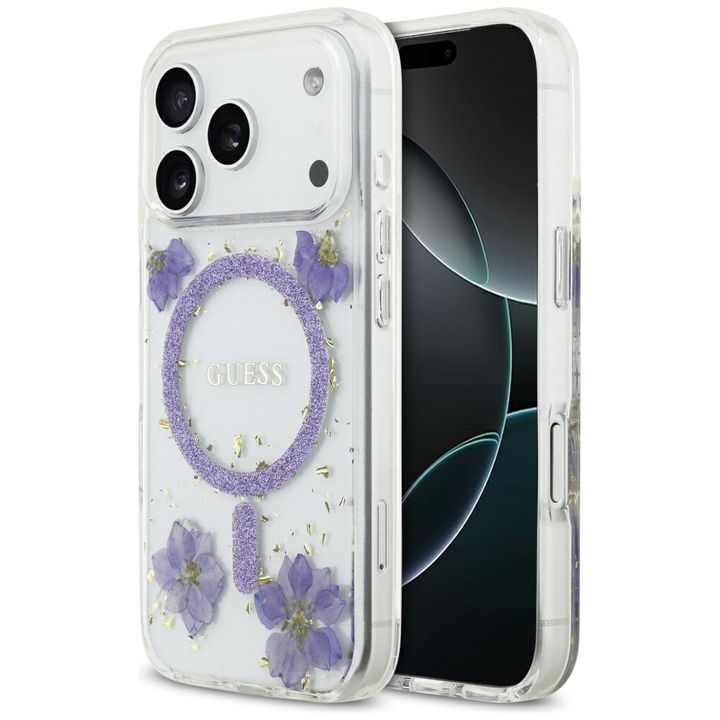 Etui Guess Resin Flowers Glitter MagSafe do iPhone 17 Pro fioletowy na NearMe.pl