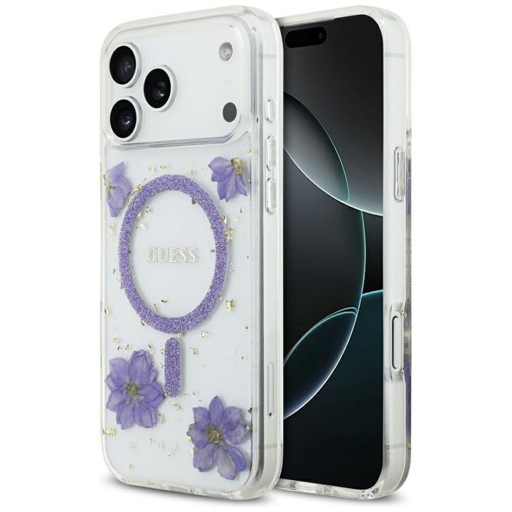 Etui Guess Resin Flowers Glitter MagSafe do iPhone 17 Pro Max fioletowy na NearMe.pl