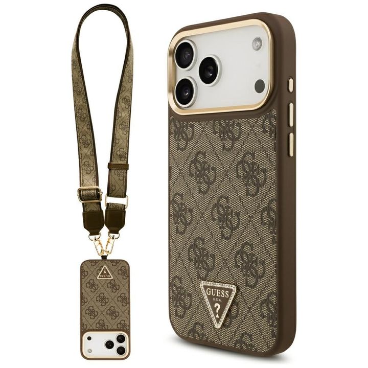Etui Guess 4G Triangle Logo & Big Strap Metal Buttons MagSafe do iPhone 17 Pro Max brązowy na NearMe.pl