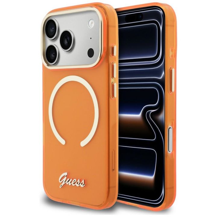 Etui Guess IML Script Metal MagSafe do   iPhone 17 Pro pomarańczowy na NearMe.pl