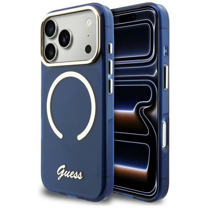 Etui Guess IML Script Metal MagSafe do   iPhone 17 Pro niebieski na NearMe.pl