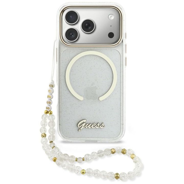Etui Guess IML Glitters Script Strap     MagSafe do iPhone 17 Pro przezroczysty na NearMe.pl
