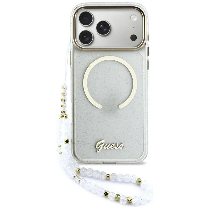 Etui Guess IML Glitters Script Strap     MagSafe do iPhone 17 Pro Max przezroczysty na NearMe.pl