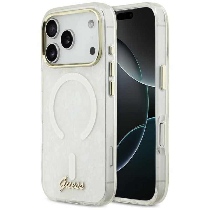 Etui Guess IML Shell Script Metal        MagSafe do iPhone 17 Pro Max biały na NearMe.pl
