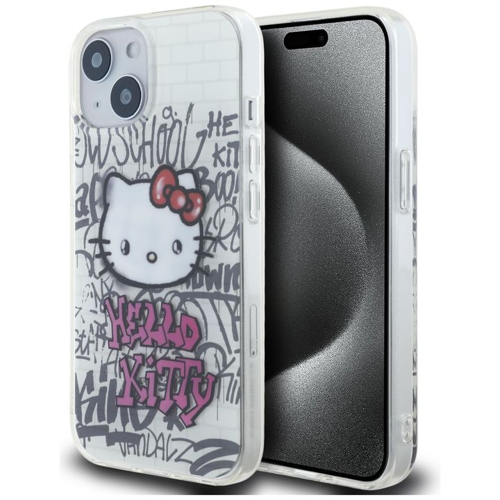 Hello Kitty HKHCP15SHDGPHT iPhone 15 / 14 / 13 6.1" biały/white hardcase IML Kitty On Bricks Graffiti na NearMe.pl