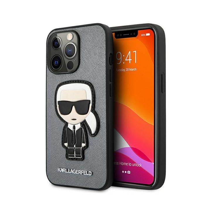 Karl Lagerfeld KLHCP13XOKPG iPhone 13Pro Max 6,7" srebrny/silver hardcase Saffiano Ikonik Karl`s Patch na NearMe.pl
