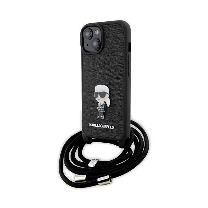 Karl Lagerfeld KLHCP15SSASKNPSK iPhone 15 / 14 / 13 6.1" hardcase czarny/black Crossbody Saffiano Monogram Metal Pin Karl & Choupette na NearMe.pl