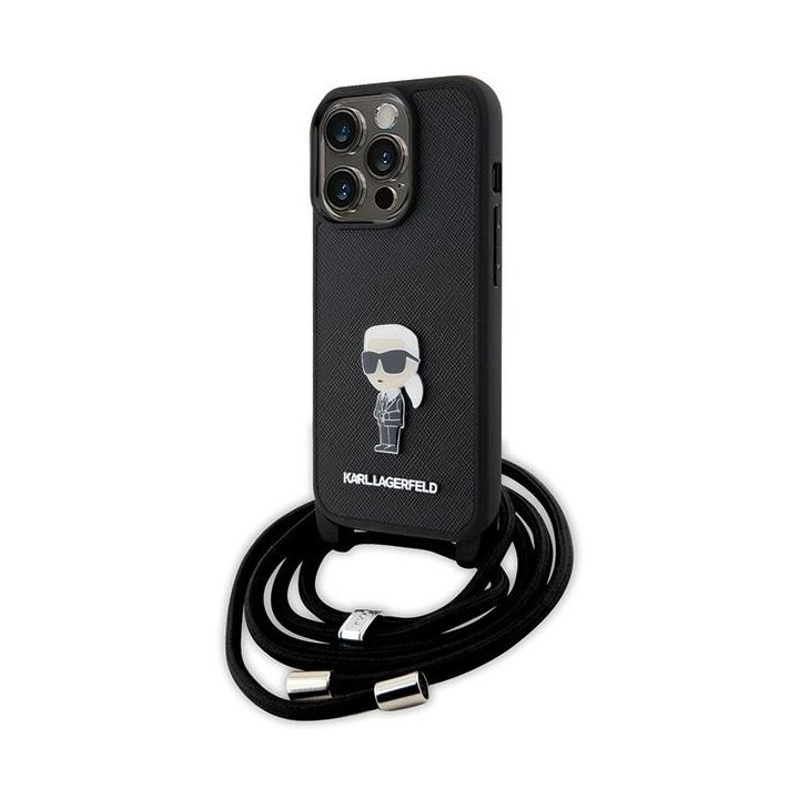 Karl Lagerfeld KLHCP15LSASKNPSK iPhone 15 Pro 6.1" hardcase czarny/black Crossbody Saffiano Monogram Metal Pin Karl & Choupette na NearMe.pl