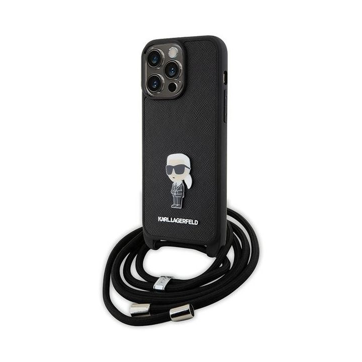 Karl Lagerfeld KLHCP15XSASKNPSK iPhone 15 Pro Max 6.7" hardcase czarny/black Crossbody Saffiano Monogram Metal Pin Karl & Choupette na NearMe.pl