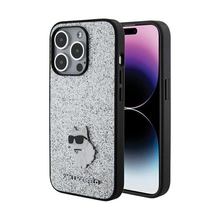 Karl Lagerfeld KLHCP15XGCNPSG iPhone 15 Pro Max 6.7" srebrny/silver hardcase Fixed Glitter Choupette Logo Metal Pin na NearMe.pl