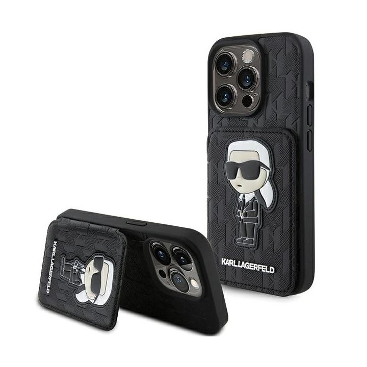 Karl Lagerfeld KLHCP15LSAKKNSCK iPhone 15 Pro 6.1" czarny/black hardcase Saffiano Cardslots and Stand Monogram Ikonik Patch na NearMe.pl