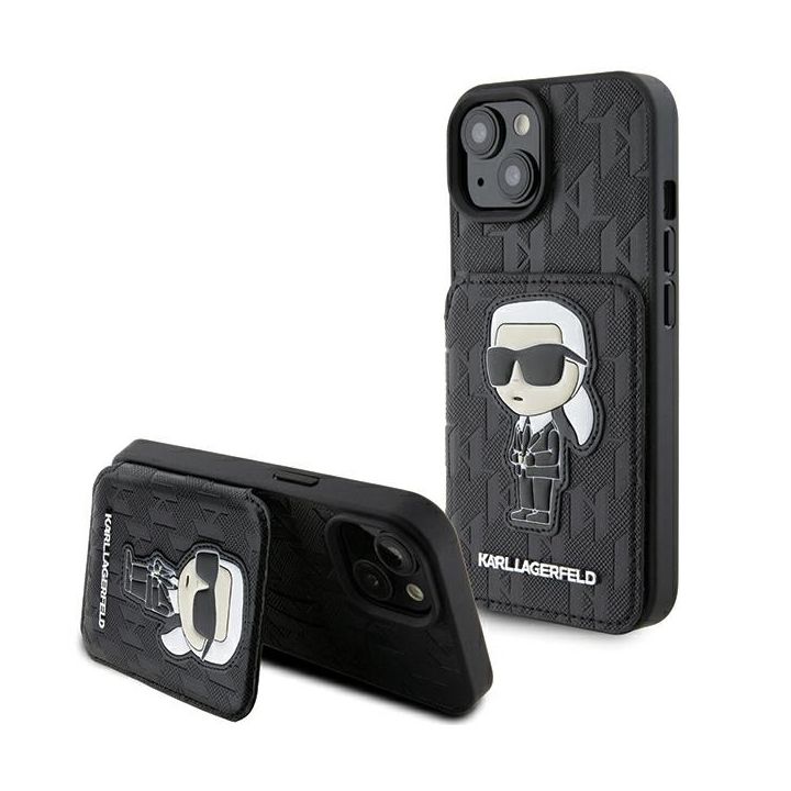 Karl Lagerfeld KLHCP15SSAKKNSCK iPhone 15 / 14 / 13 6.1" czarny/black hardcase Saffiano Cardslots and Stand Monogram Ikonik Patch na NearMe.pl