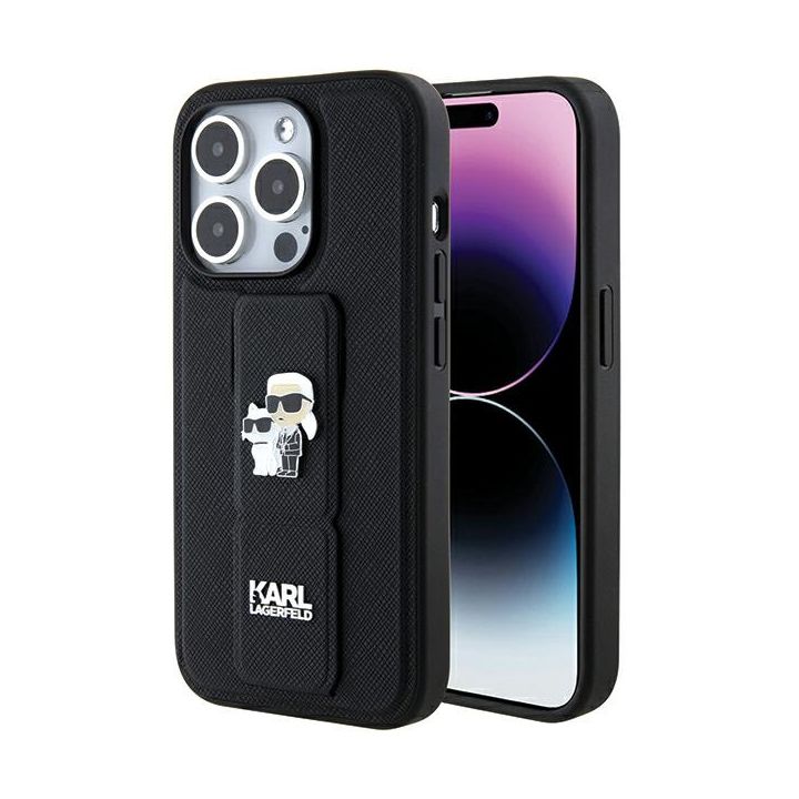 Karl Lagerfeld KLHCP15XGSAKCPK iPhone 15 Pro Max 6.7" czarny/black hardcase Gripstand Saffiano Karl&Choupette Pins na NearMe.pl