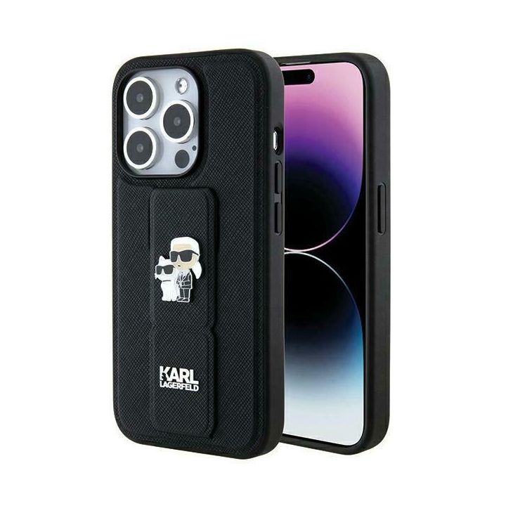 Karl Lagerfeld KLHCP14XGSAKCPK iPhone 14 Pro Max 6.7" czarny/black hardcase Gripstand Saffiano Karl&Choupette Pins na NearMe.pl