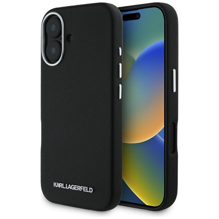 Etui Karl Lagerfeld Saffiano Full        Wrapped Elongated Metal Logo MagSafe do iPhone 16 czarny na NearMe.pl