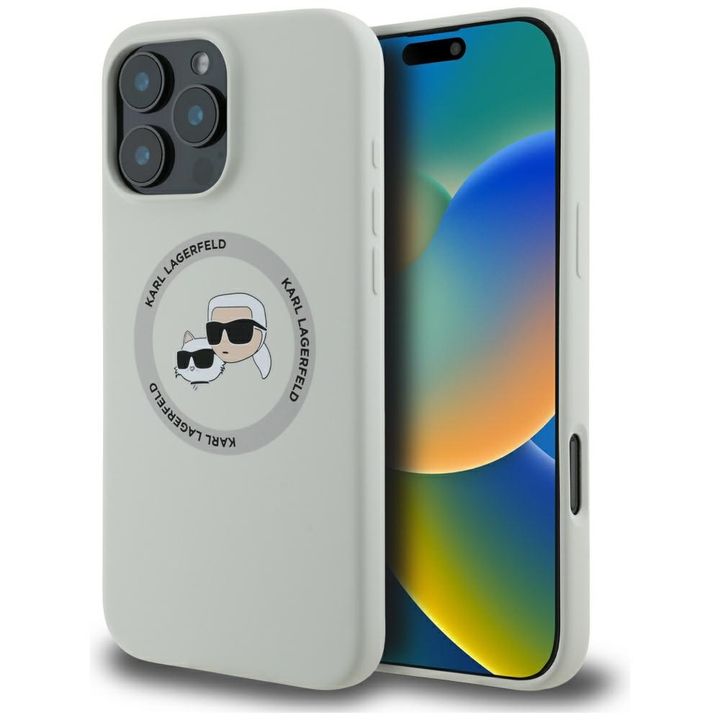 Etui Karl Lagerfeld Silicone Double Heads And Circle MagSafe do iPhone 16 Pro beżowy na NearMe.pl