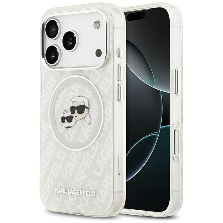 Etui Karl Lagerfeld IML Glitter Karl &   Choupette Heads Logo MagSafe do iPhone 17 Pro Max szary na NearMe.pl