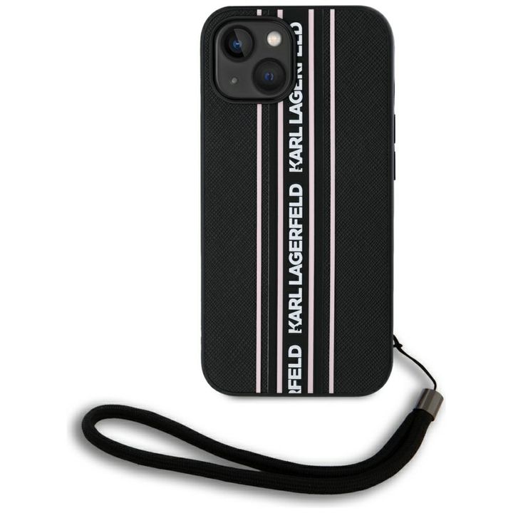 Etui Karl Lagerfeld Saffiano Athleisure  Stripes Cord do iPhone 15 czarno-różowy na NearMe.pl