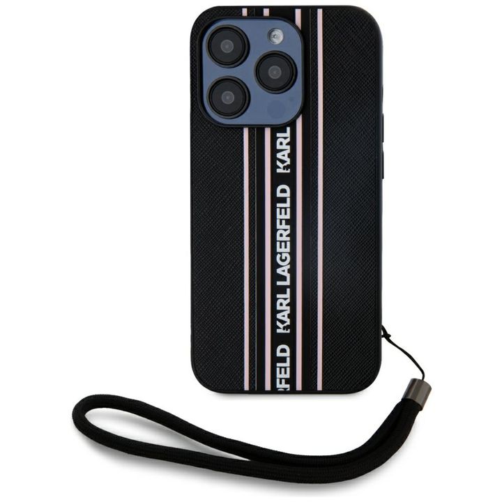 Etui Karl Lagerfeld Saffiano Athleisure  Stripes Cord do iPhone 15 Pro czarno-różowy na NearMe.pl