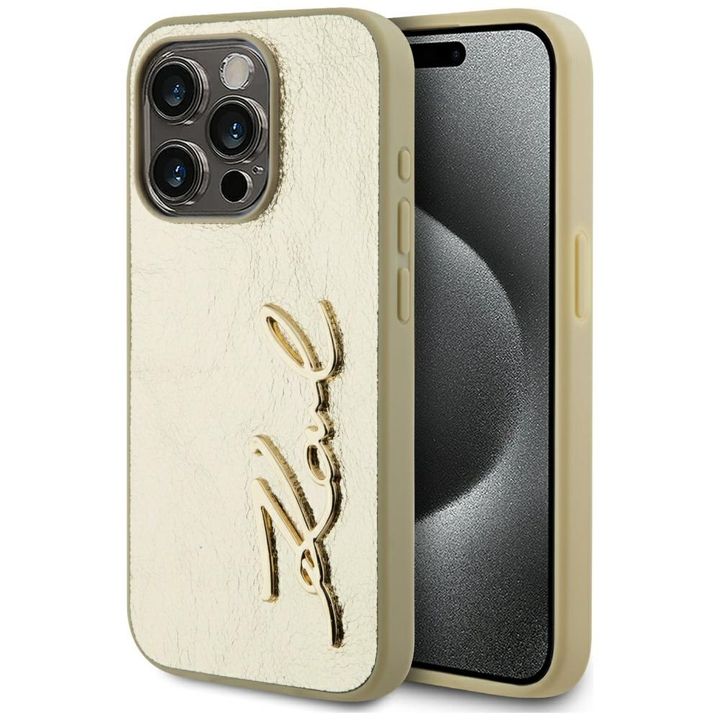 Etui Karl Lagerfeld Wrinkled Metal       Signature do iPhone 15 Pro Max złoty na NearMe.pl