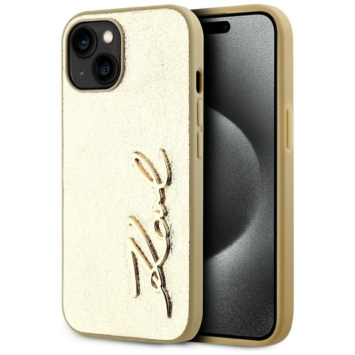Etui Karl Lagerfeld Wrinkled Metal       Signature do iPhone 15 złoty na NearMe.pl