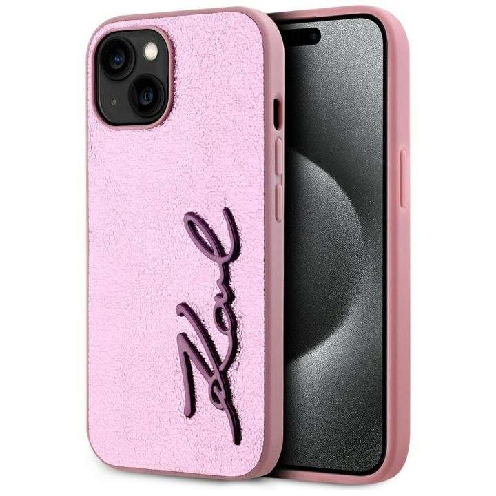 Etui Karl Lagerfeld Wrinkled Metal       Signature do iPhone 15 różowy na NearMe.pl