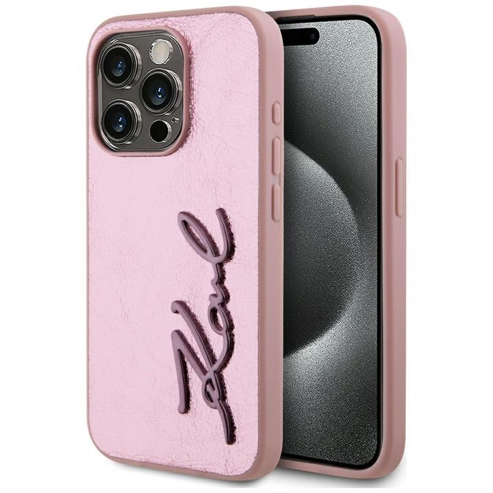 Etui Karl Lagerfeld Wrinkled Metal       Signature do iPhone 15 Pro Max różowy na NearMe.pl