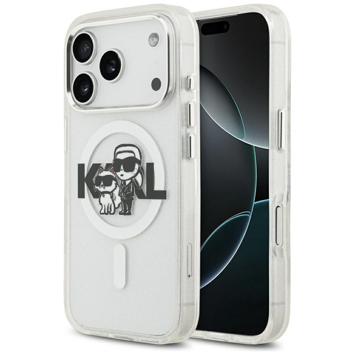 Etui Karl Lagerfeld IML Glitter Karl &   Choupette Sketch Logo MagSafe do iPhone 17 Pro przezroczysty na NearMe.pl