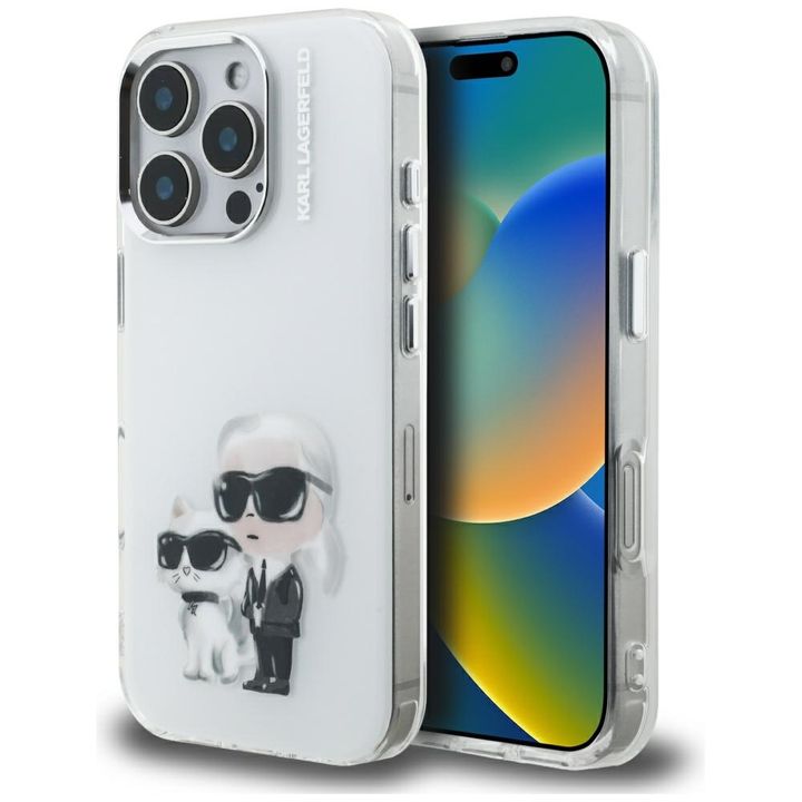 Etui Karl Lagerfeld IML Aquarelle Karl   & Choupette & Logo do iPhone 16 Pro Max biały na NearMe.pl