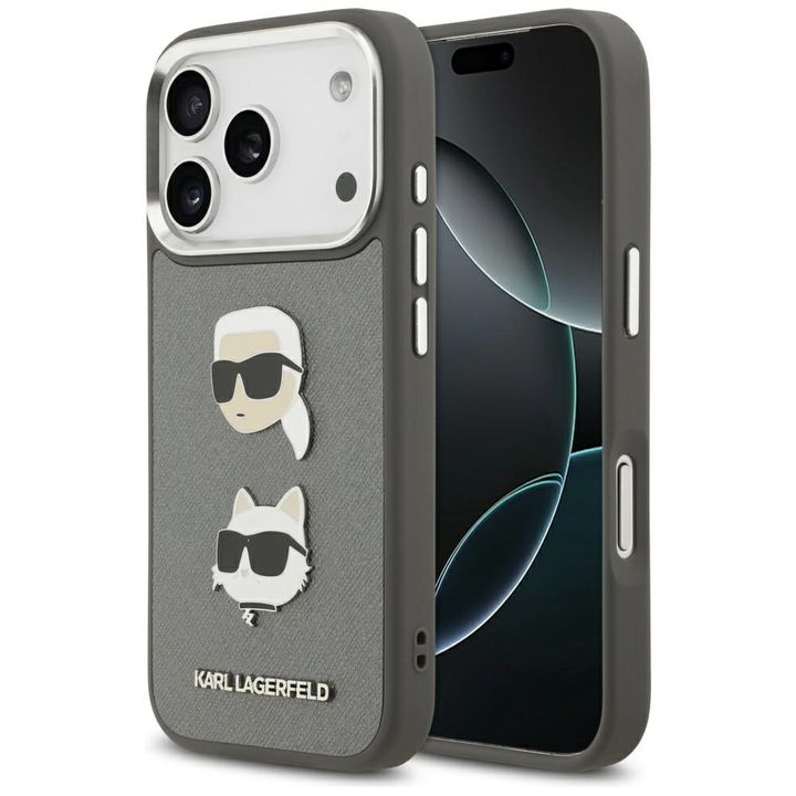 Etui Karl Lagerfeld FW Grained Karl &    Choupette Heads Pins & Logo do iPhone 17 Pro szary na NearMe.pl