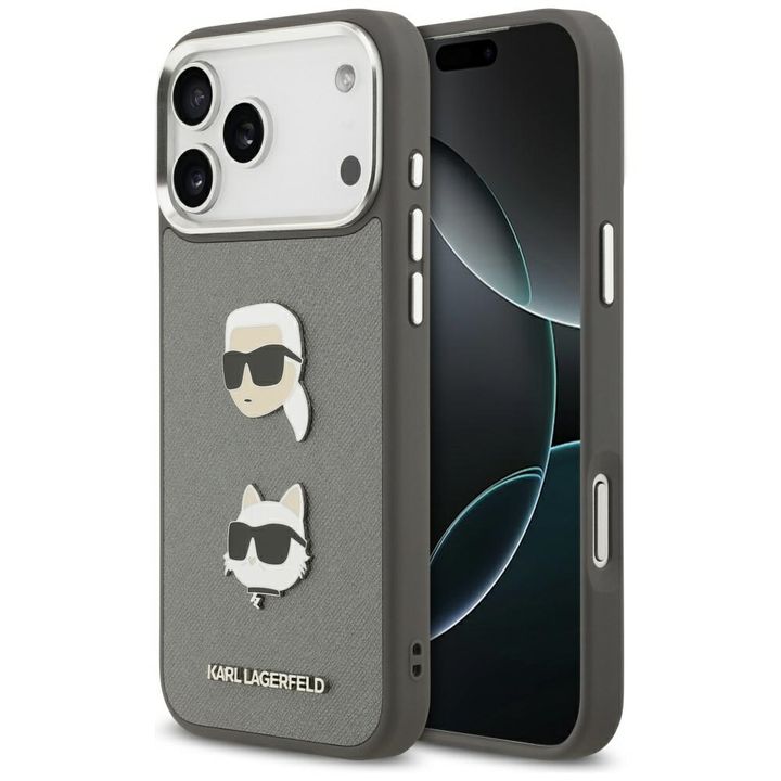 Etui Karl Lagerfeld FW Grained Karl &    Choupette Heads Pins & Logo do iPhone 17 Pro Max szary na NearMe.pl