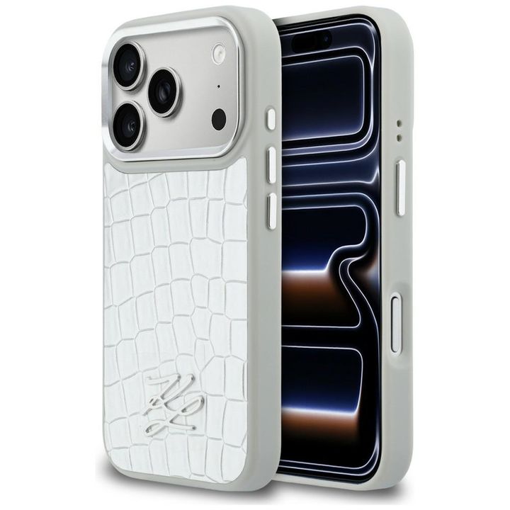 Etui Karl Lagerfeld Croco KL Script Logo MagSafe do iPhone 17 Pro srebrny na NearMe.pl